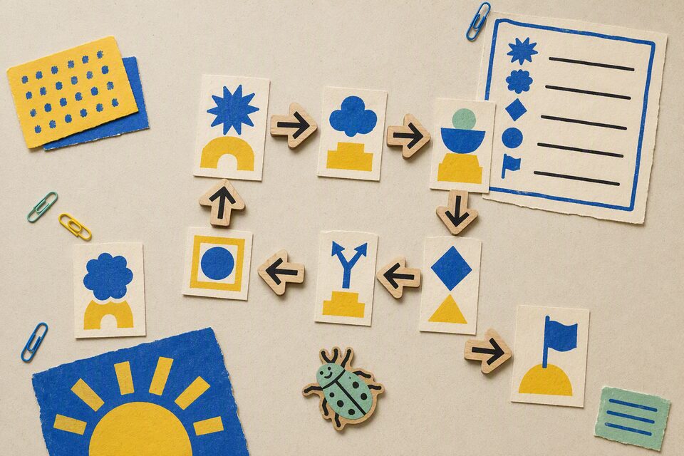Printed shape cards connected by wooden arrows with a small green debugging beetle token